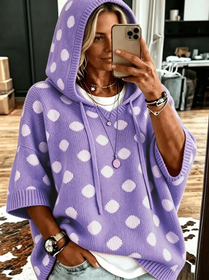 Women's Polka Dot Hooded Knit Sweater Oversized 3/4 Sleeve