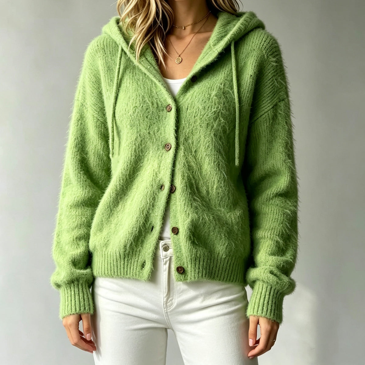 Women's Fuzzy Hooded Cardigan Button Up Soft Sweater
