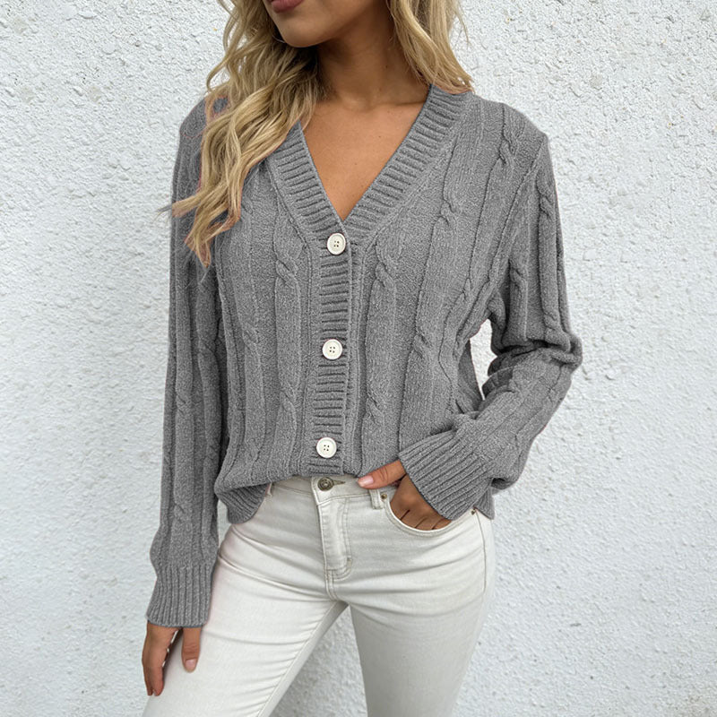 Women's Chenille Cable Knit V Neck Button Cardigan