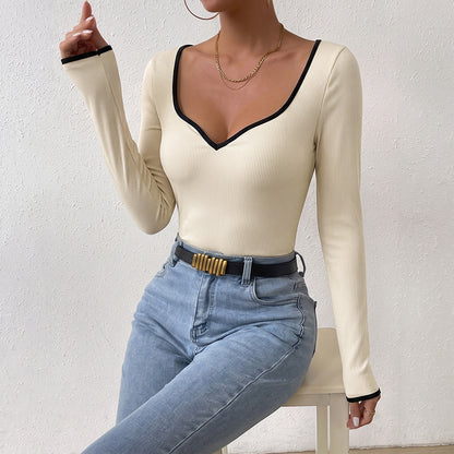 Women's Contrast Trim Ribbed Long Sleeve V-Neck Bodysuit