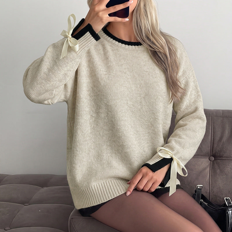 Women's Bow Tie Cuff Contrast Trim Crewneck Sweater