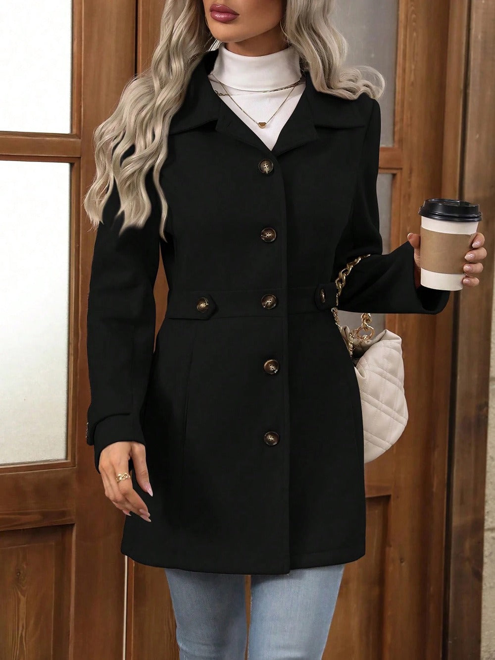 Women's Wool Blend Lapel Coat Slim Fit Mid-Length