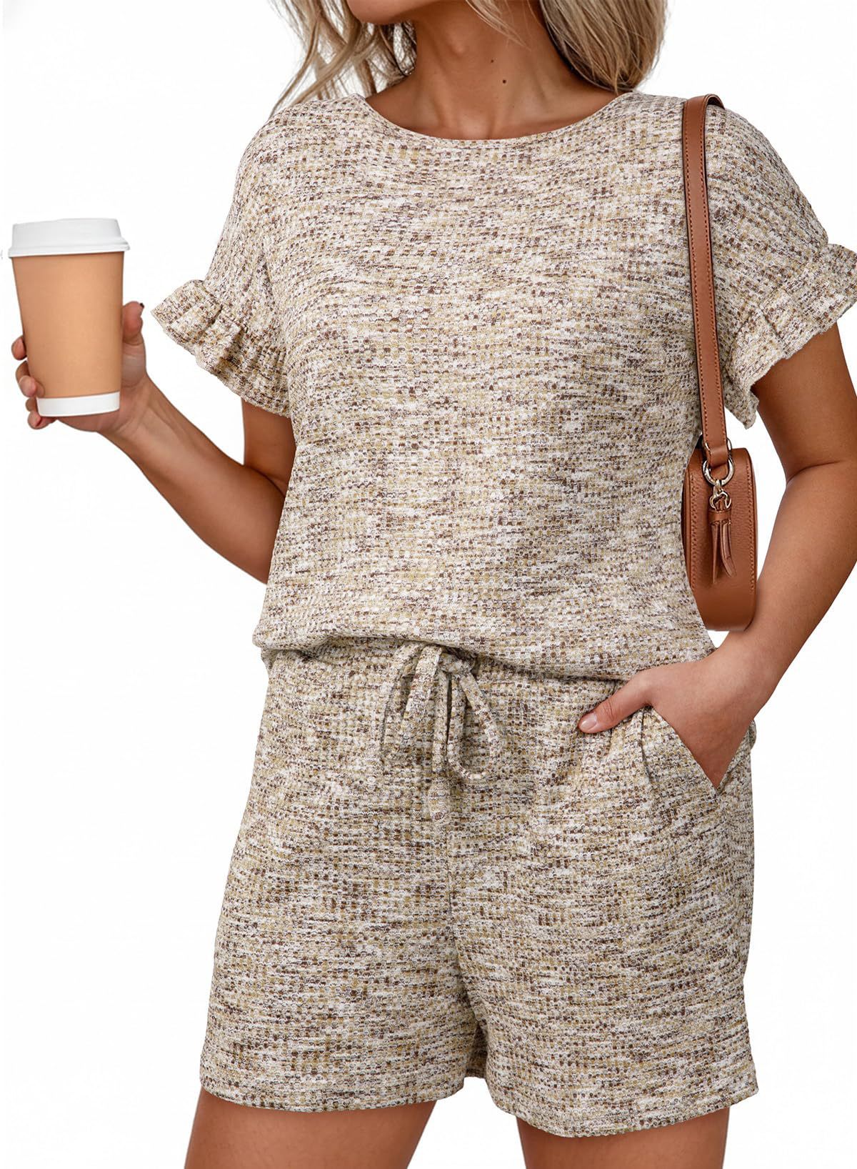 Textured Knit Lounge Set Ruffle Sleeve Drawstring