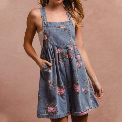 Floral Denim Overall Romper Loose Fit Summer Outfit