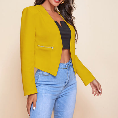 Women's Cropped Blazer Open Front Zip Pocket Jacket
