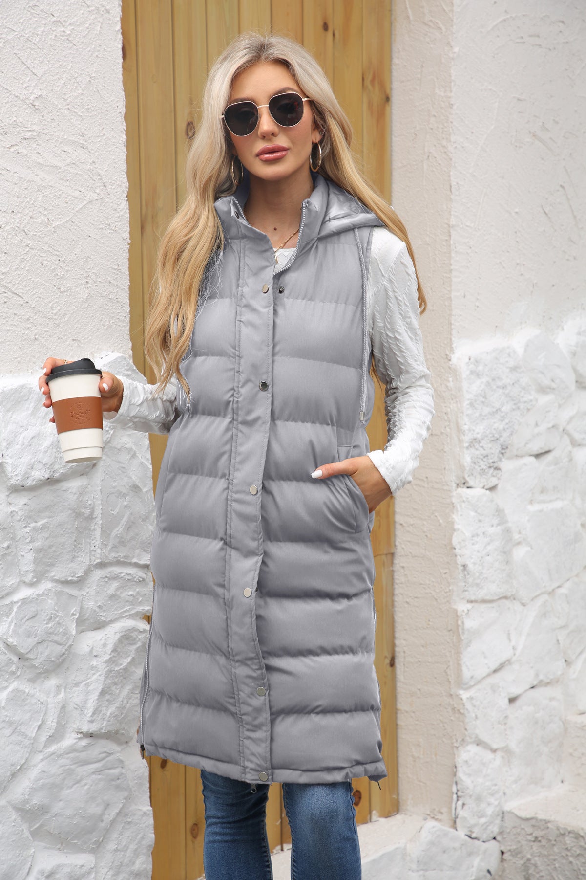 Women's Long Hooded Sleeveless Quilted Puffer Vest