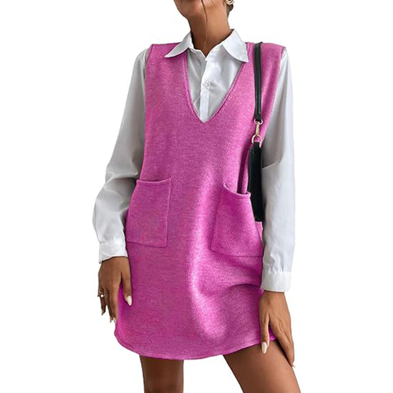 Women's Sleeveless Knit V-Neck Sweater Vest Dress