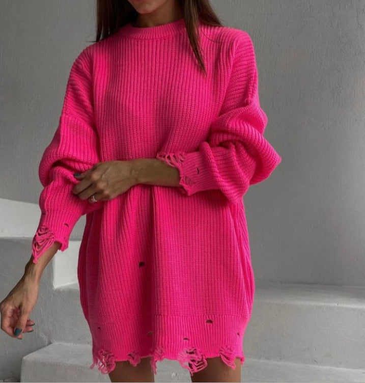Women's Oversized Distressed Sweater Dress Crew Neck