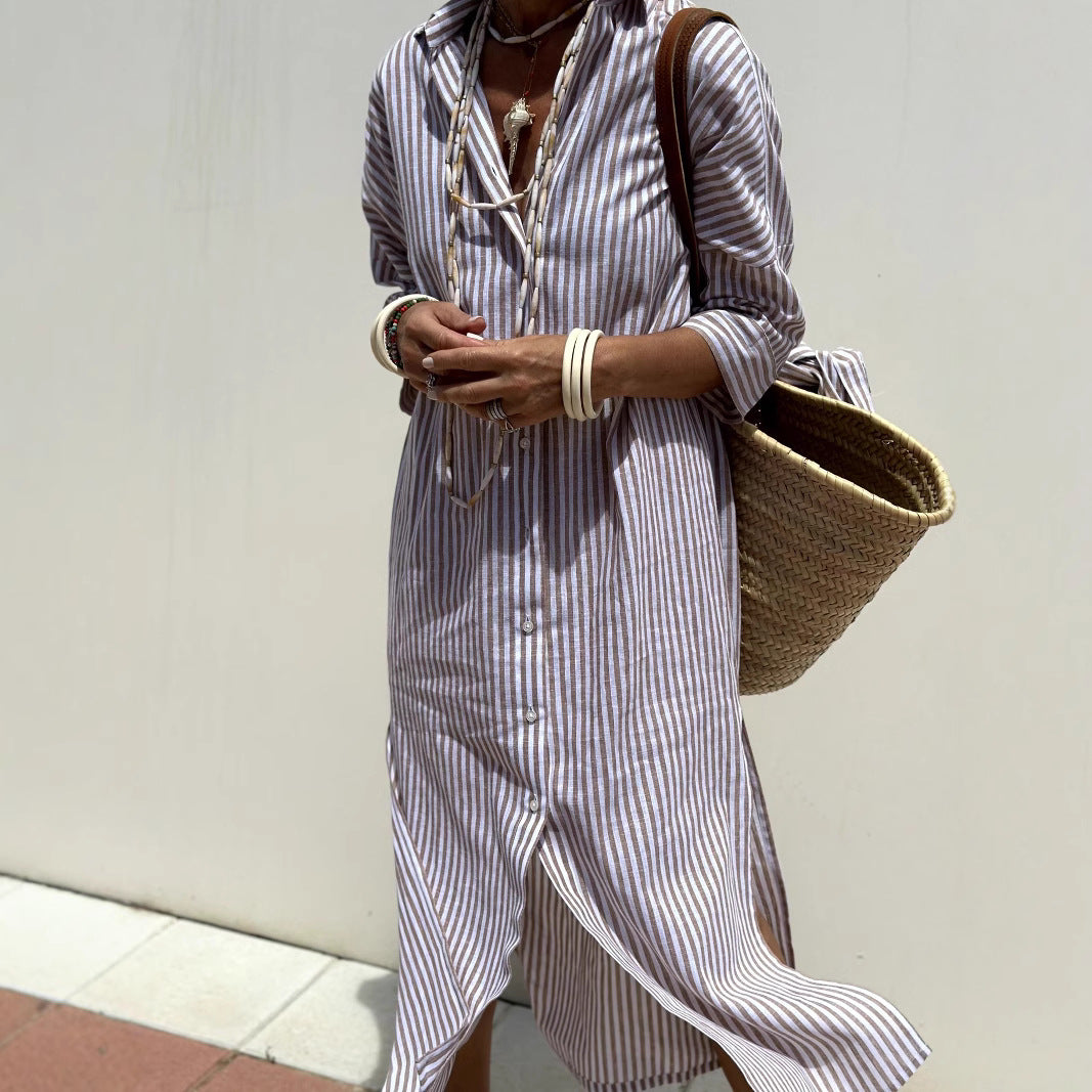 Striped Button Down Shirt Dress Half Sleeve Midi Tie Waist