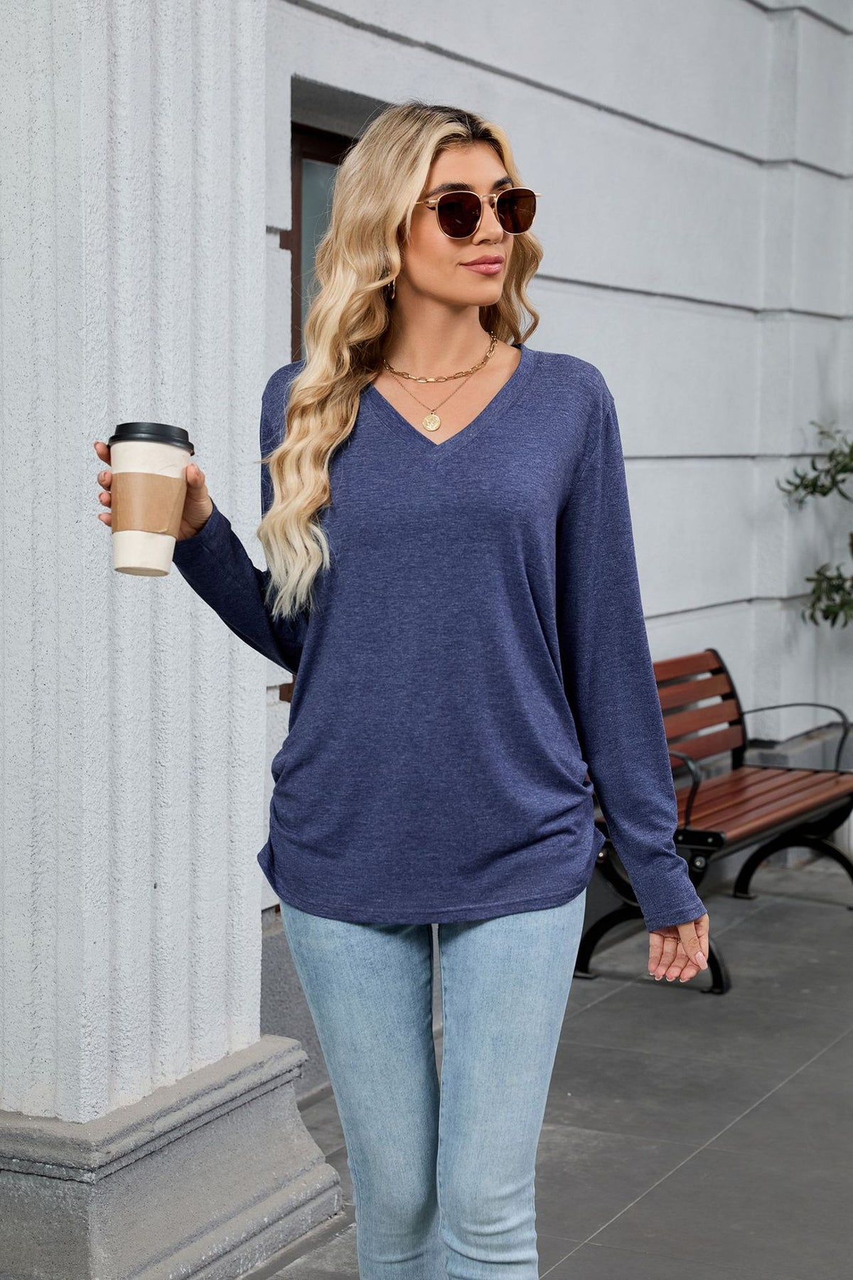 Women's V-Neck Long Sleeve Oversized Tunic Top Shirred