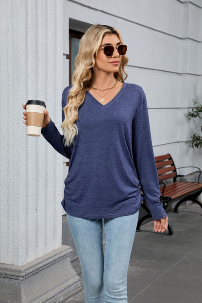 Women's V-Neck Long Sleeve Oversized Tunic Top Shirred