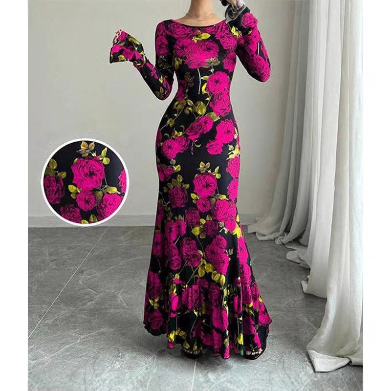 Women's Rose Print Bell Sleeve Bodycon Maxi Dress