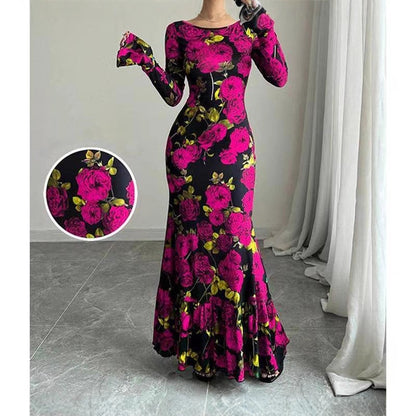 Women's Rose Print Bell Sleeve Bodycon Maxi Dress