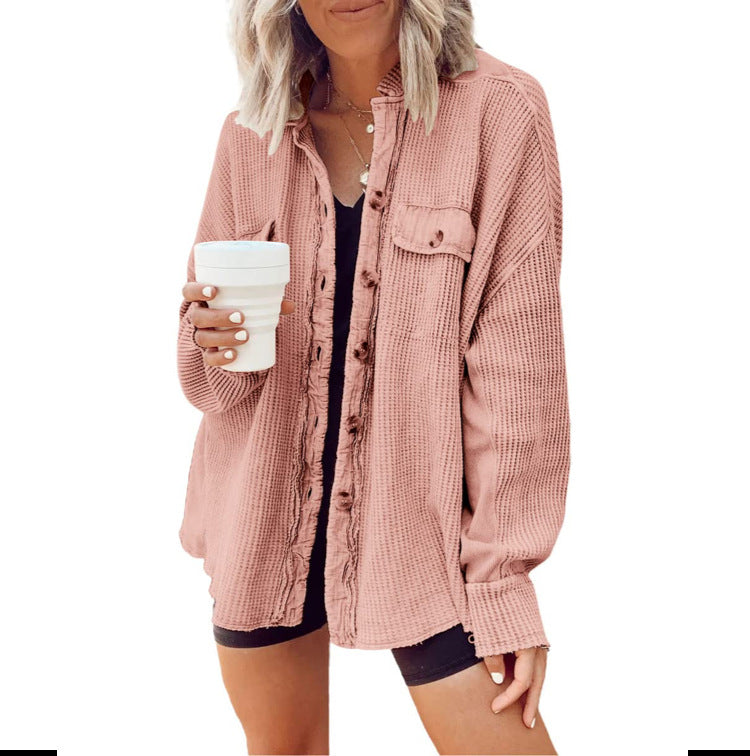 Women's Waffle Texture Button Front Pocket Shacket