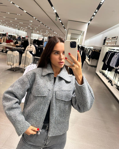 Women's Cropped Boucle Zip Jacket Collar Pocket