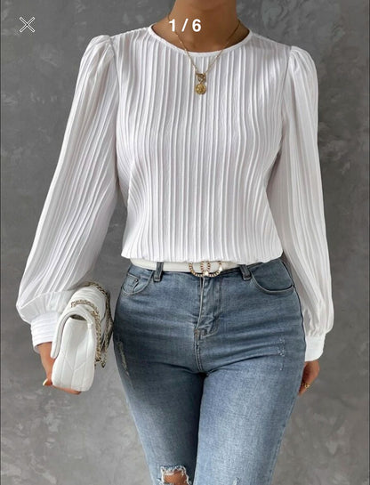 Women's Balloon Sleeve Pleated Blouse Round Neck Top