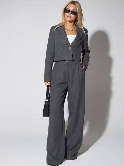 Women's Cropped Blazer Wide Leg Pants 2 Piece Set