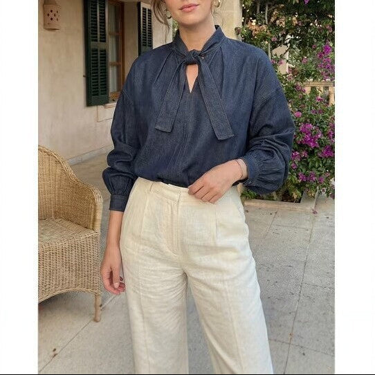 Women's Navy Denim Tie Neck Balloon Sleeve Blouse