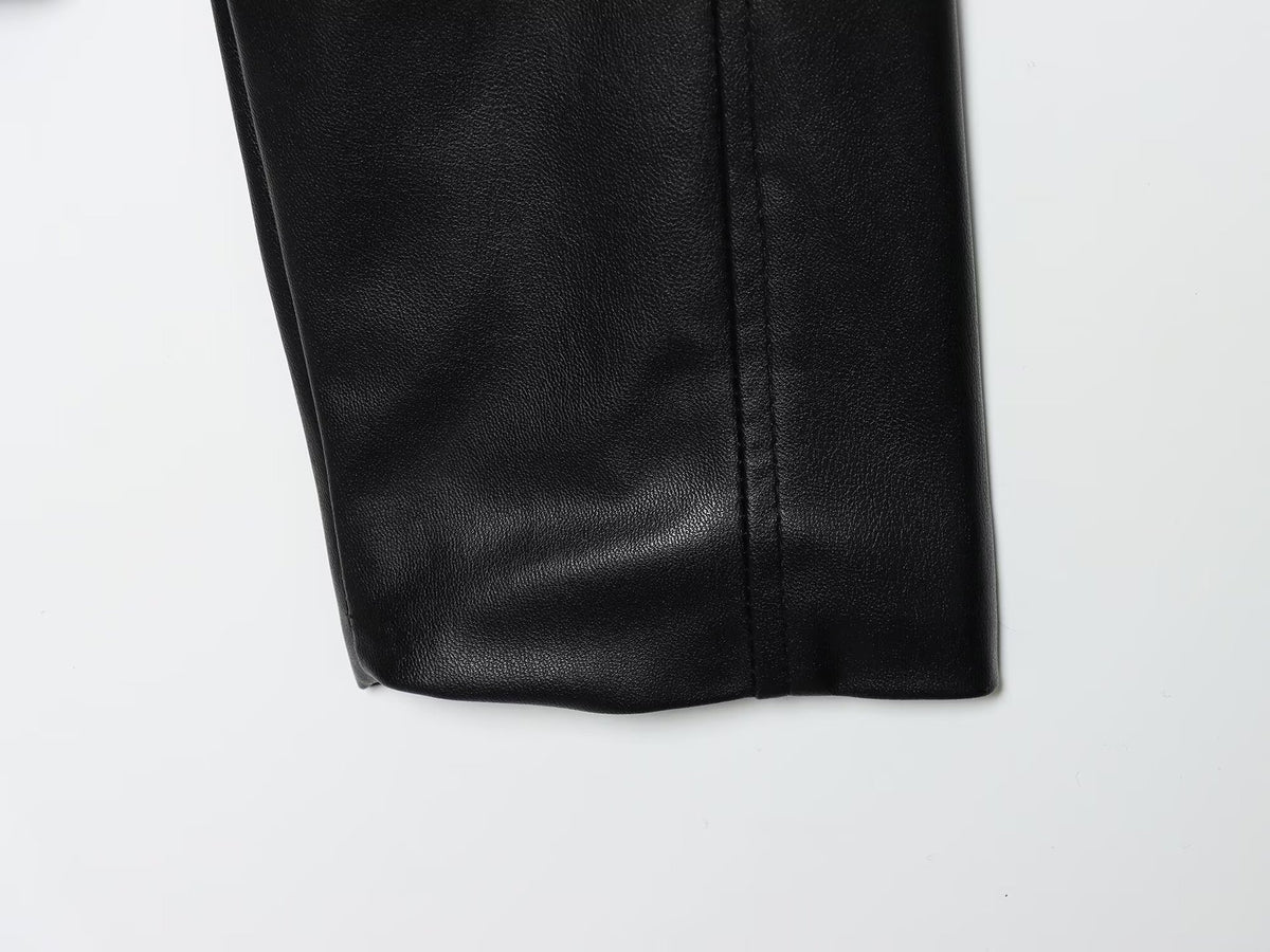 Women's Faux Leather Belted Cropped Lapel Jacket
