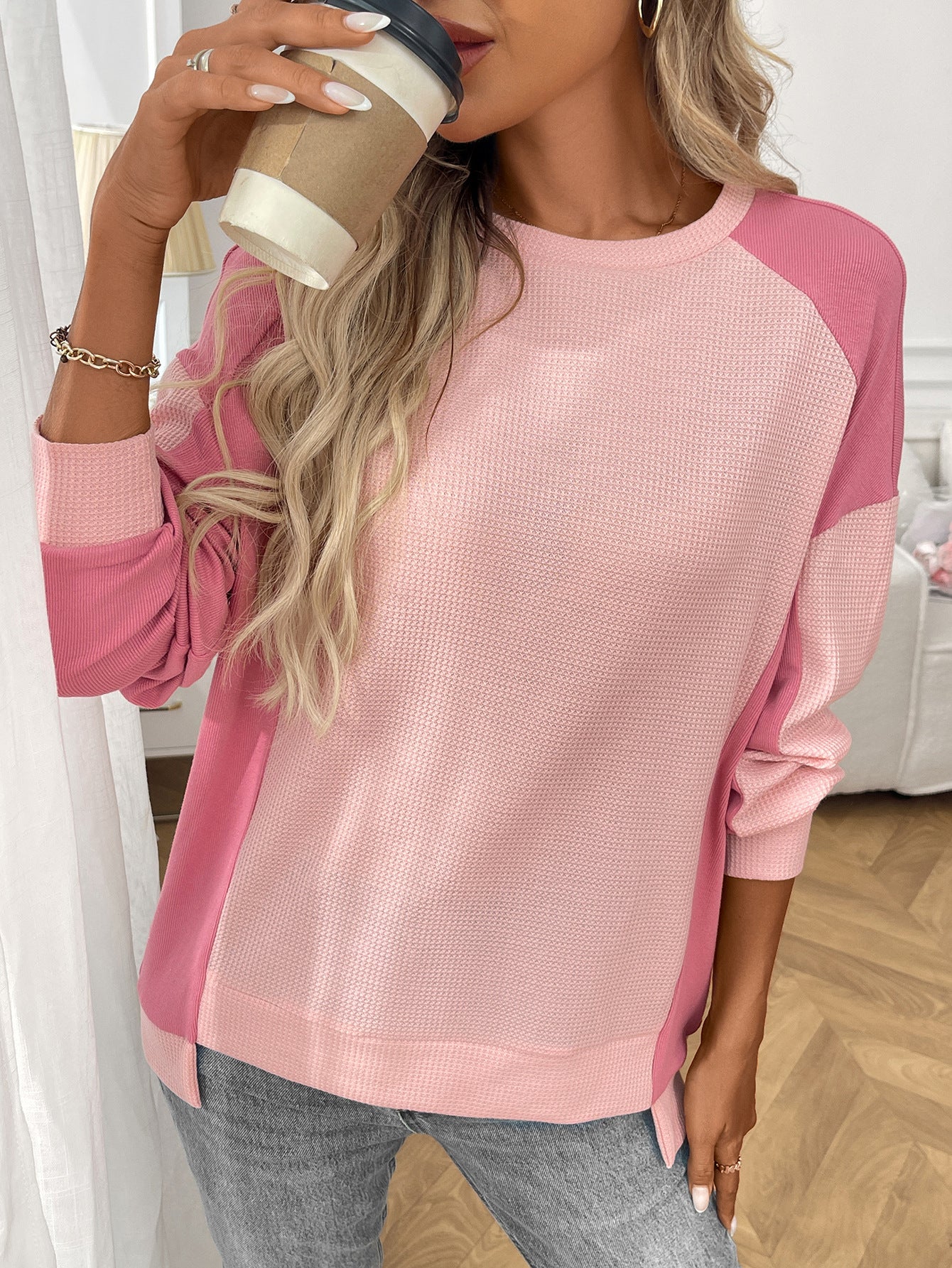 Color Block Waffle Knit Long Sleeve Pullover Top