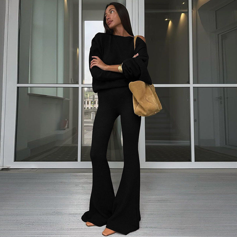 One Shoulder Fleece Top and Flare Pants Set