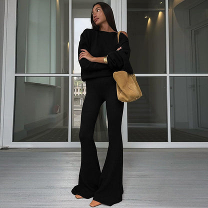 One Shoulder Fleece Top and Flare Pants Set
