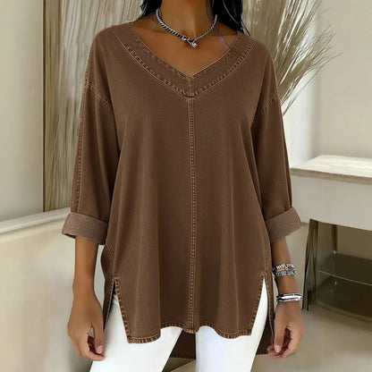 Oversized Denim V-Neck Top Casual Utility Long Sleeve Shirt