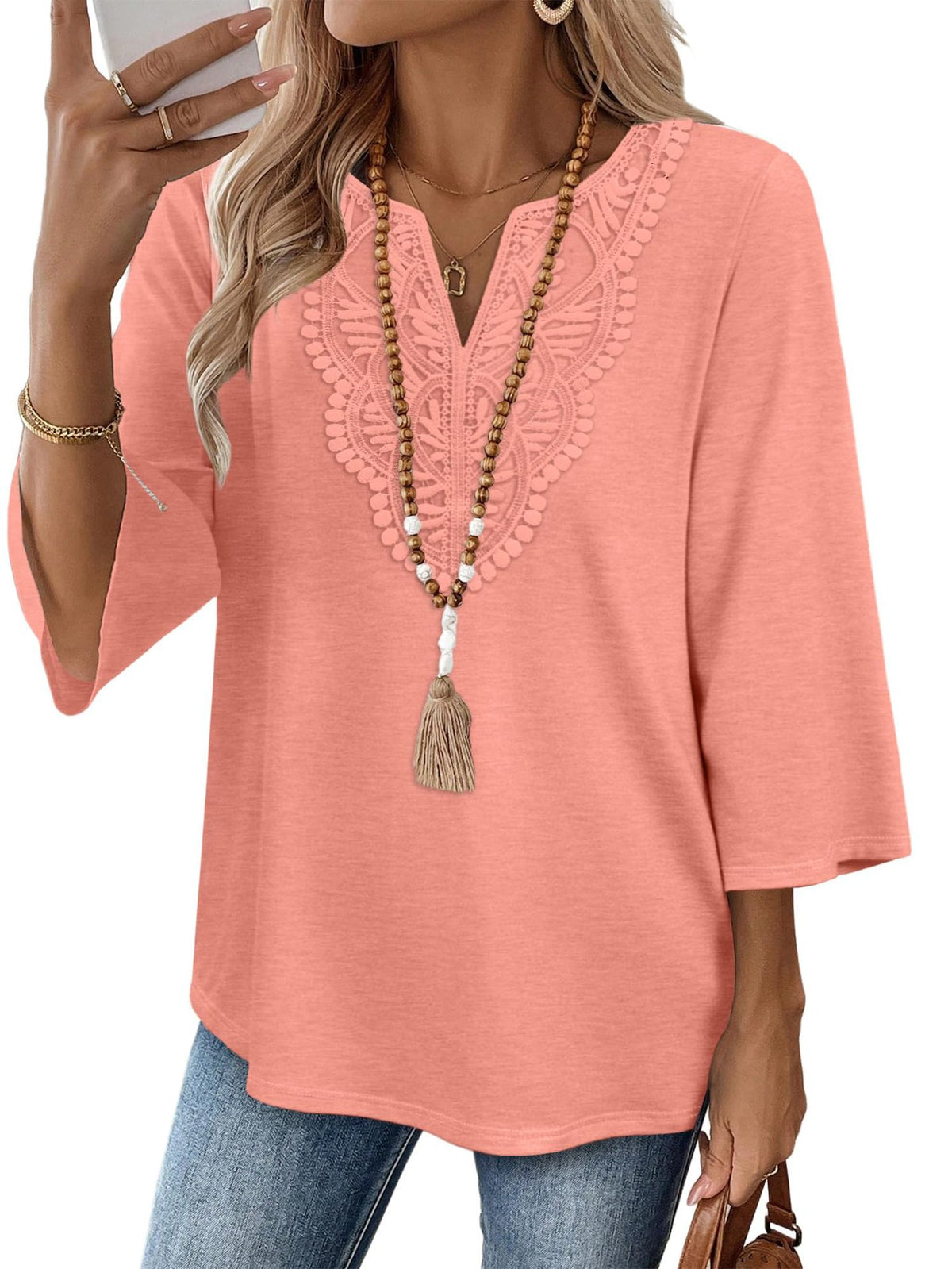 Women's V-Neck Lace Trim Loose Casual Blouse