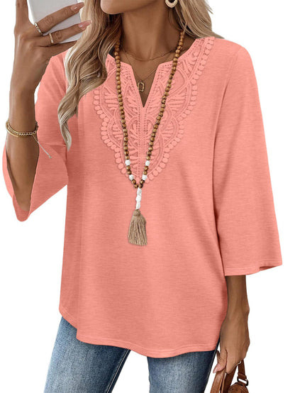 Women's V-Neck Lace Trim Loose Casual Blouse
