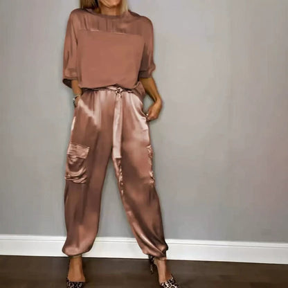 Women's Satin 2 Piece Set Half Sleeve Top Cargo Pants