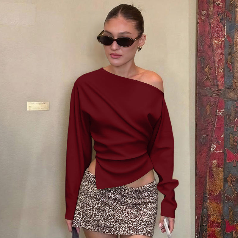 One Shoulder Side Slit Long Sleeve Fitted Top