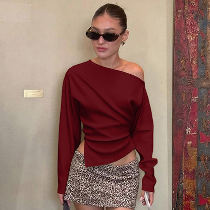 One Shoulder Side Slit Long Sleeve Fitted Top