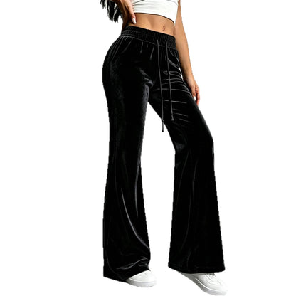 Women's Velvet High Waist Flare Pants Drawstring Casual
