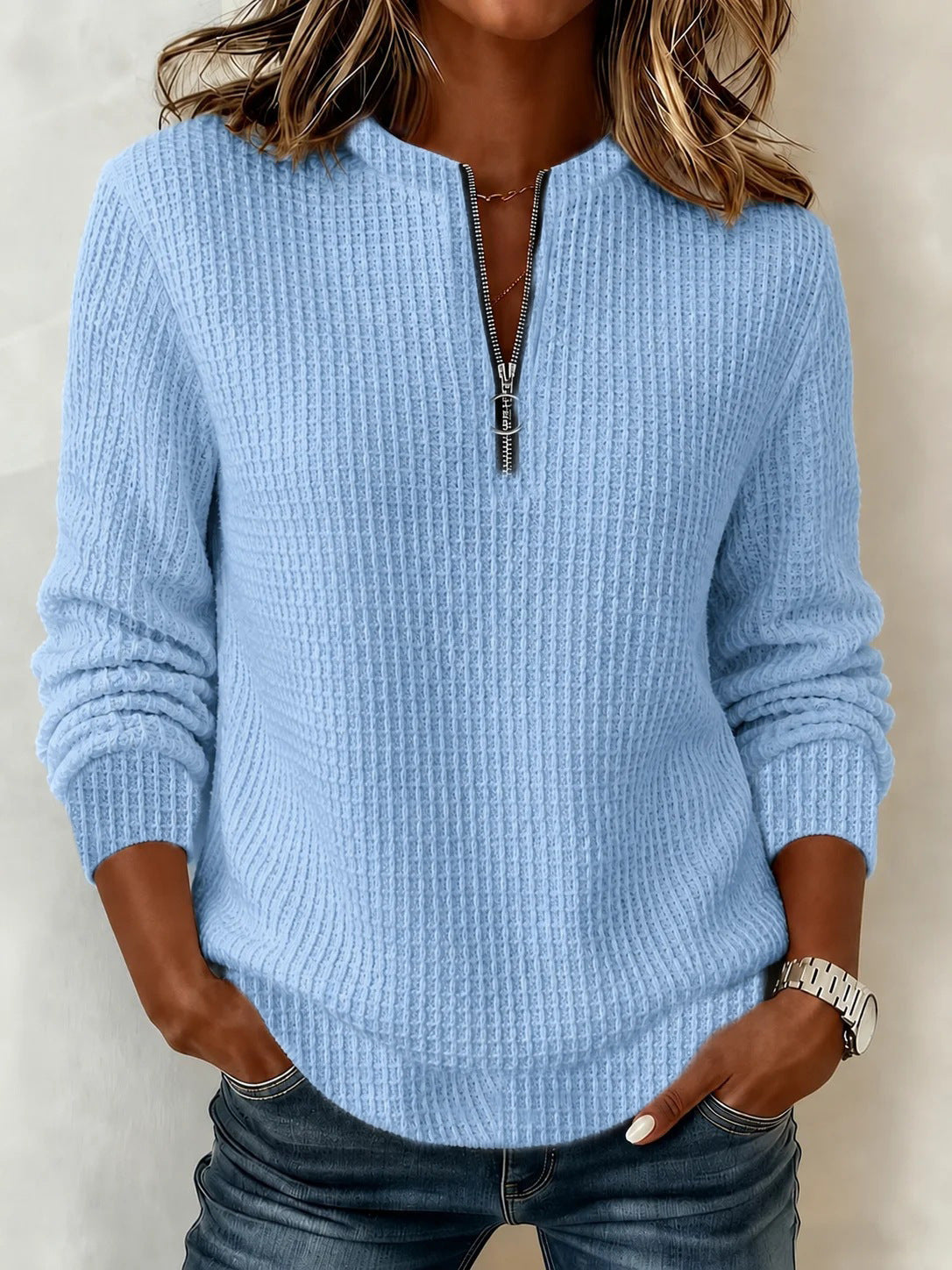 Women's Waffle Knit Half Zip Pullover Sweatshirt Top