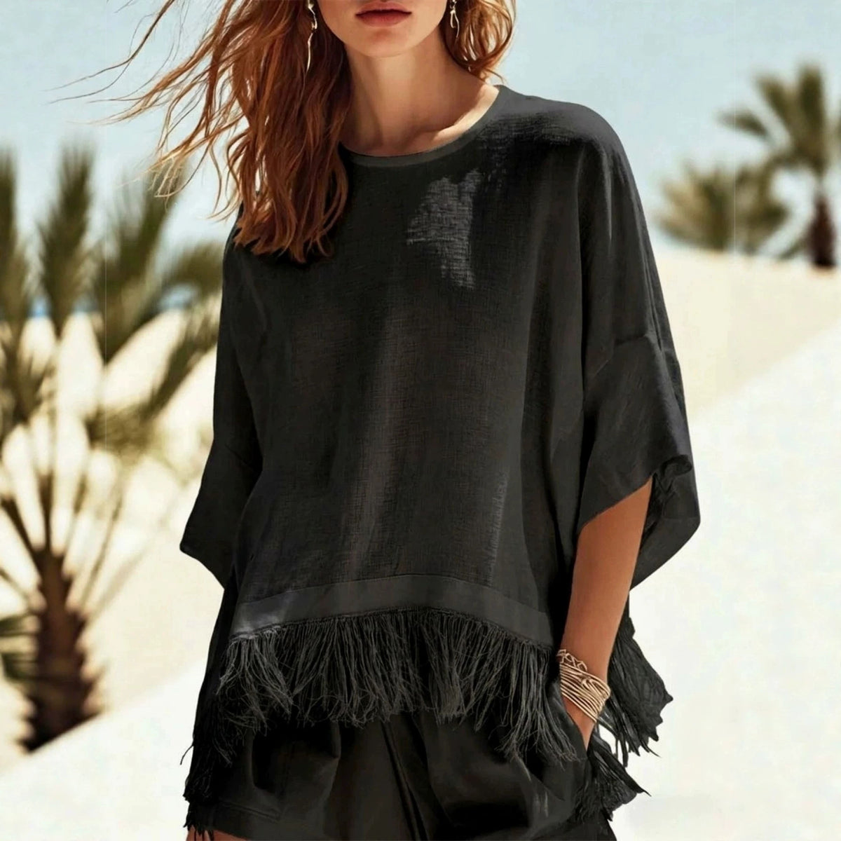 Women's Fringe Batwing Sleeve Oversized Casual Top