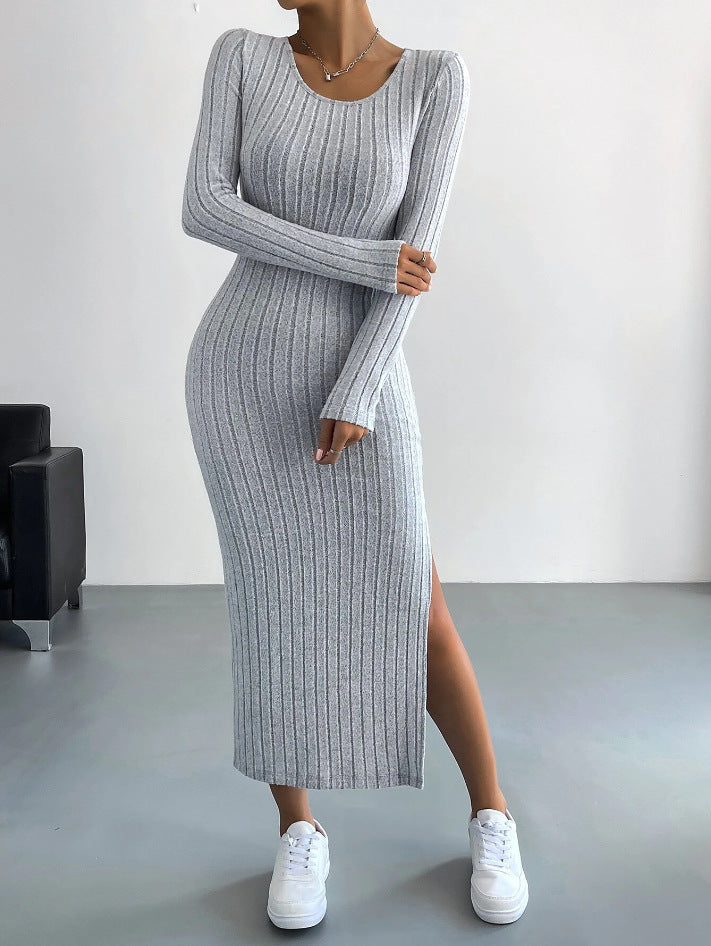 Ribbed Knit Long Sleeve Bodycon Slit Maxi Dress