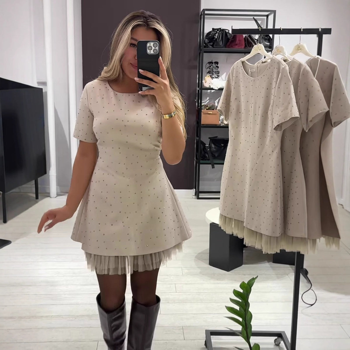 Rhinestone Lace Trim Short Sleeve A-Line Mini Dress