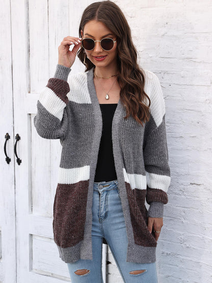 Women's Cardigan Contrasting Color Splicing Long-sleeved Loose Coat