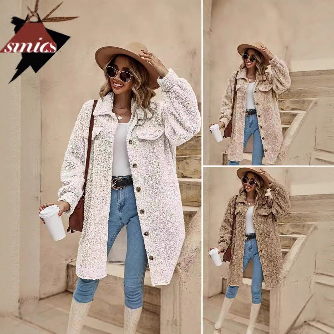Women's Long Sherpa Jacket Button Down Collared Coat