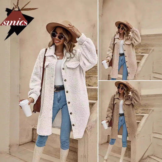 Women's Long Sherpa Jacket Button Down Collared Coat