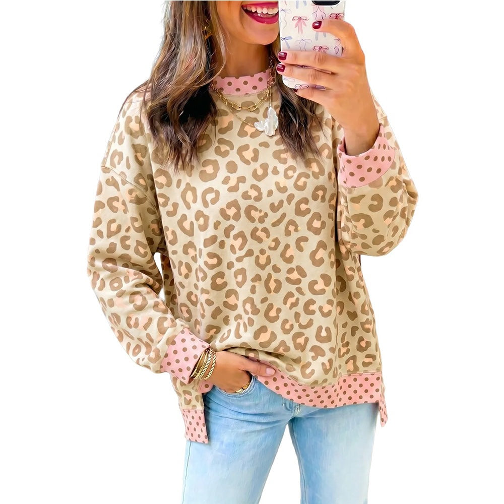 Women's Oversized Leopard Polka Dot Crewneck Sweatshirt