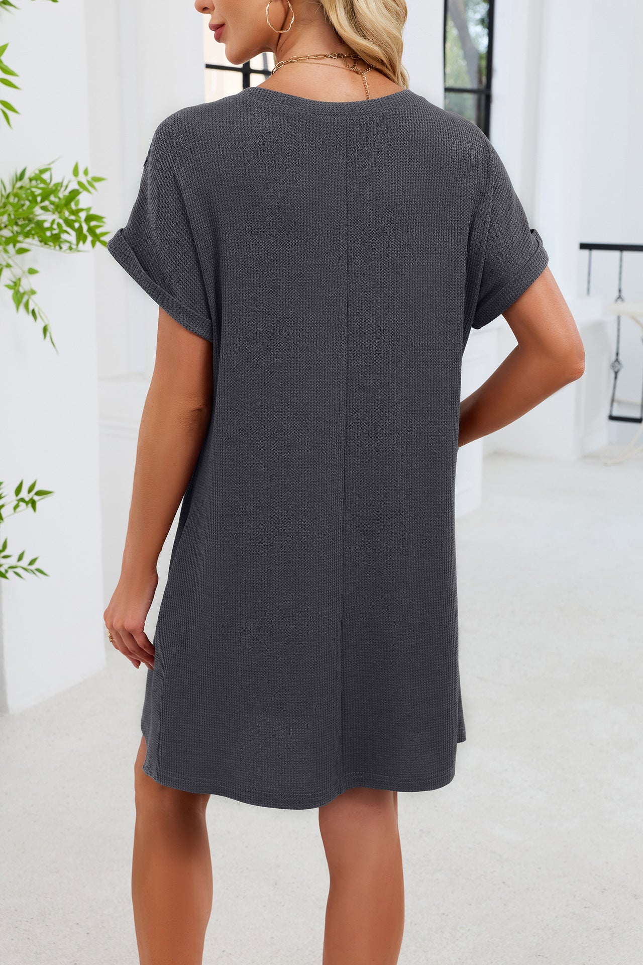 Blue Gray Yoke Loose T Shirt Dress Crew Neck