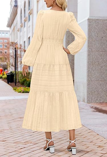 Women's V-Neck Long Sleeve Tiered Maxi Smocked Cotton Dress