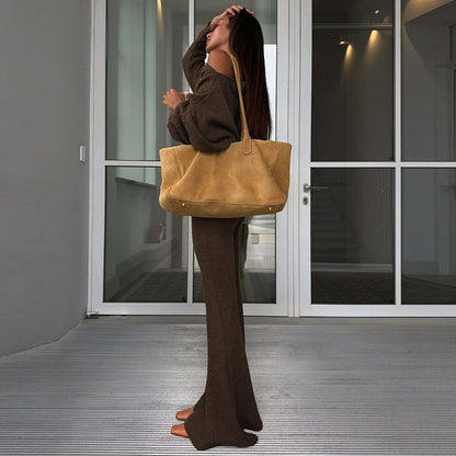 One Shoulder Fleece Top and Flare Pants Set