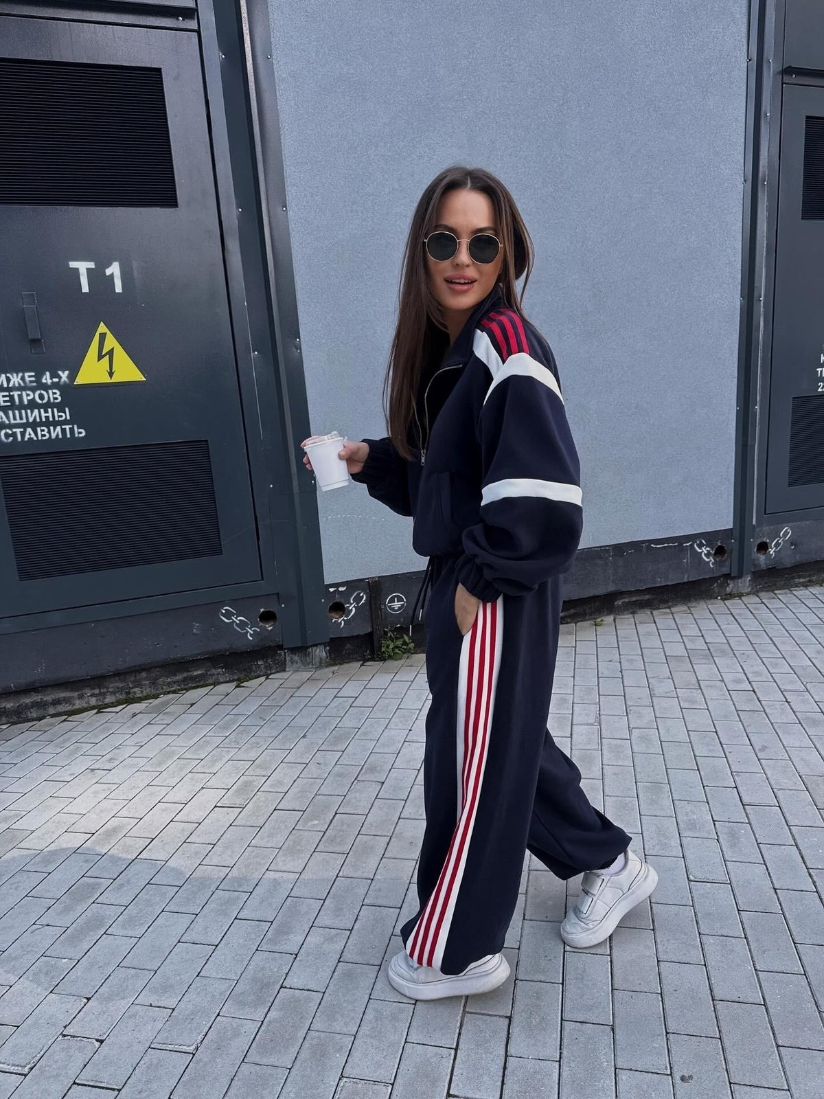 Striped Crop Jacket Wide Leg Pants Two Piece Lounge Set