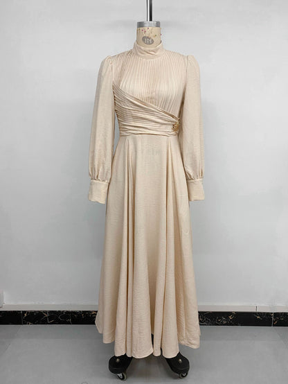 Mock Neck Zipper Pleated Balloon Sleeve Maxi Dress
