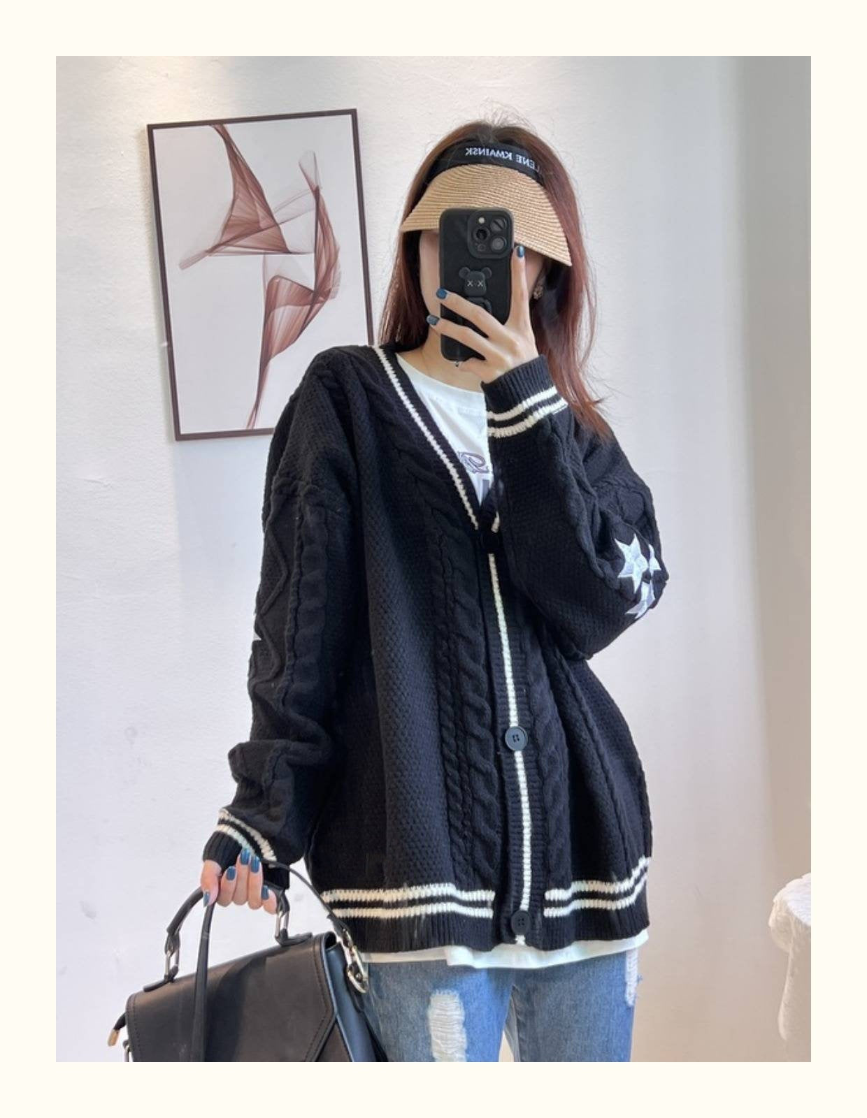 Women's Oversized Star Embroidered V-Neck Cardigan Sweater