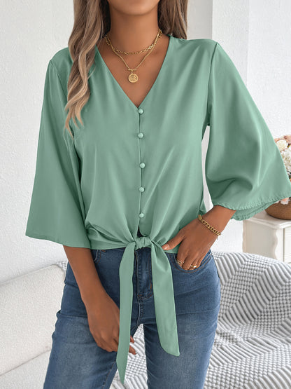 Women's V Neck Button Down Tie Front 3/4 Sleeve Blouse