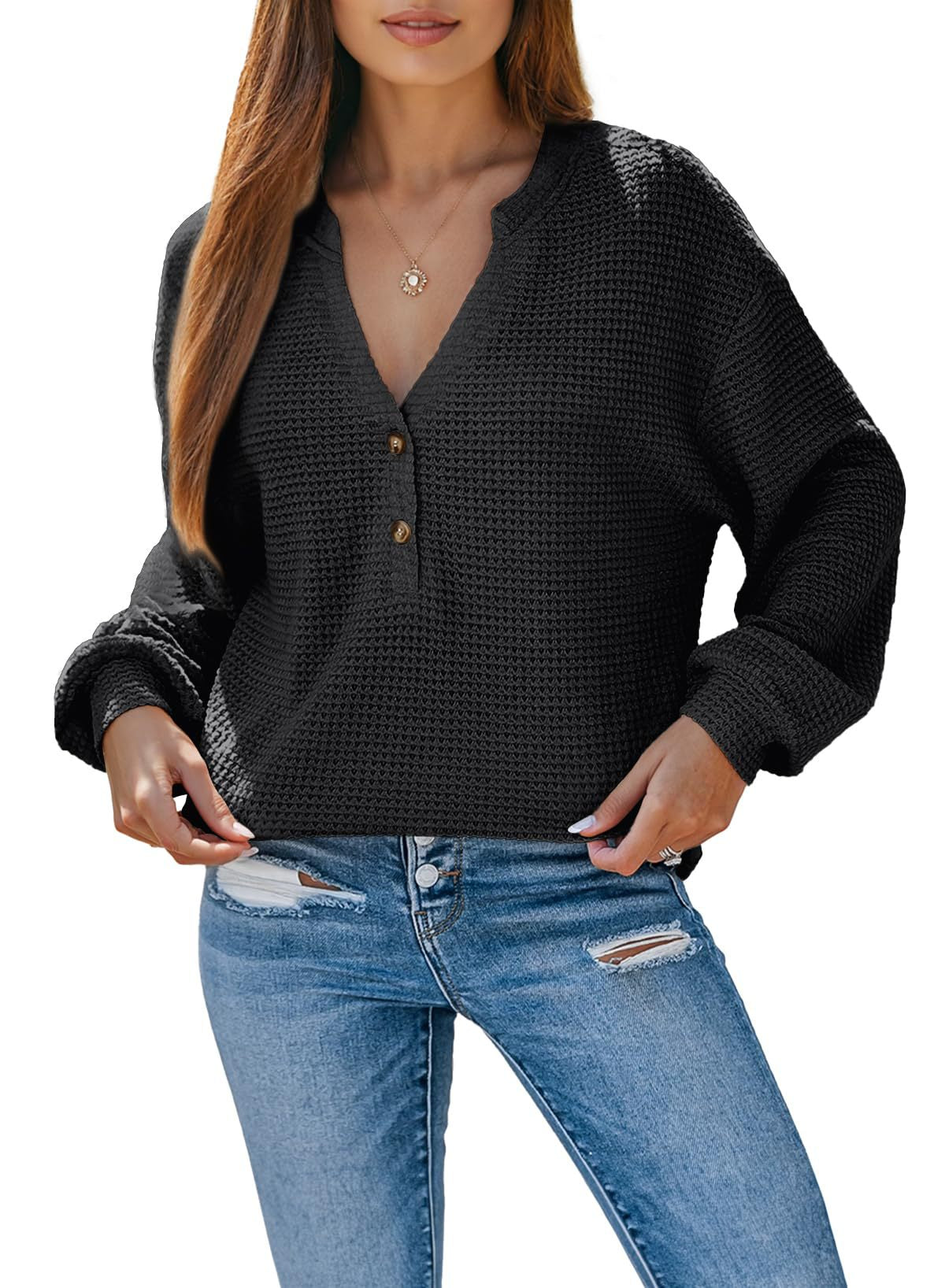Women's Waffle Knit Long Sleeve Henley Top