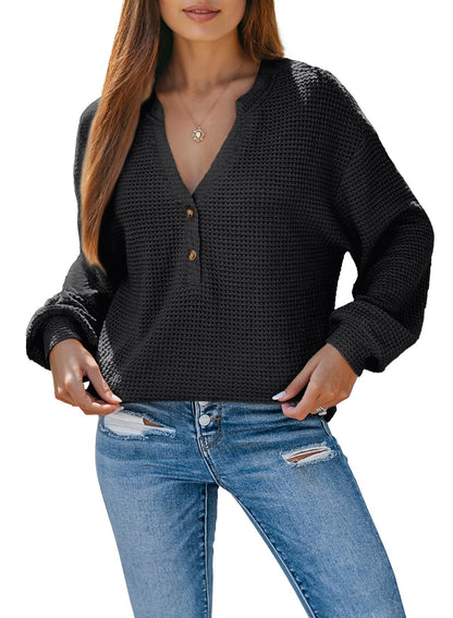 Women's Waffle Knit Long Sleeve Henley Top